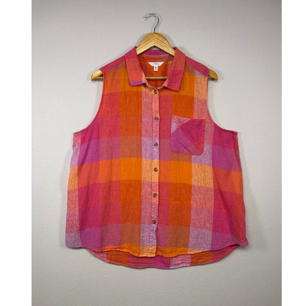 Summer Coastal Time and Tru Women XXL Pink Orange Plaid Linen Blend Slvless Top